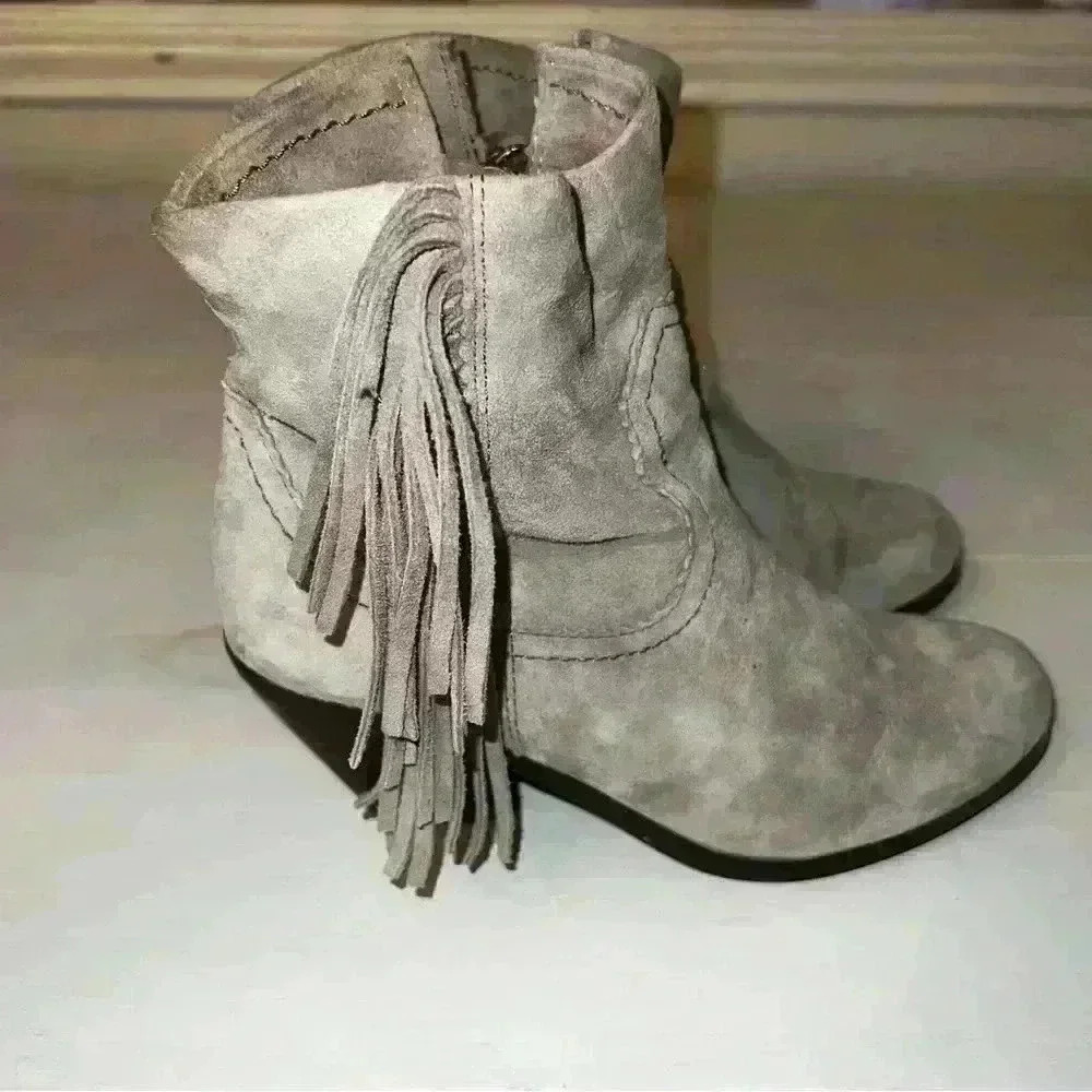 SAM EDELMAN Louie Suede Fringe Ankle Boots Booties Size Women’s 6.5 putty gray